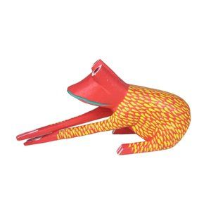 Frog Figurine Wooden Artist Made Figure Folk Art Hand Painted Red Yellow